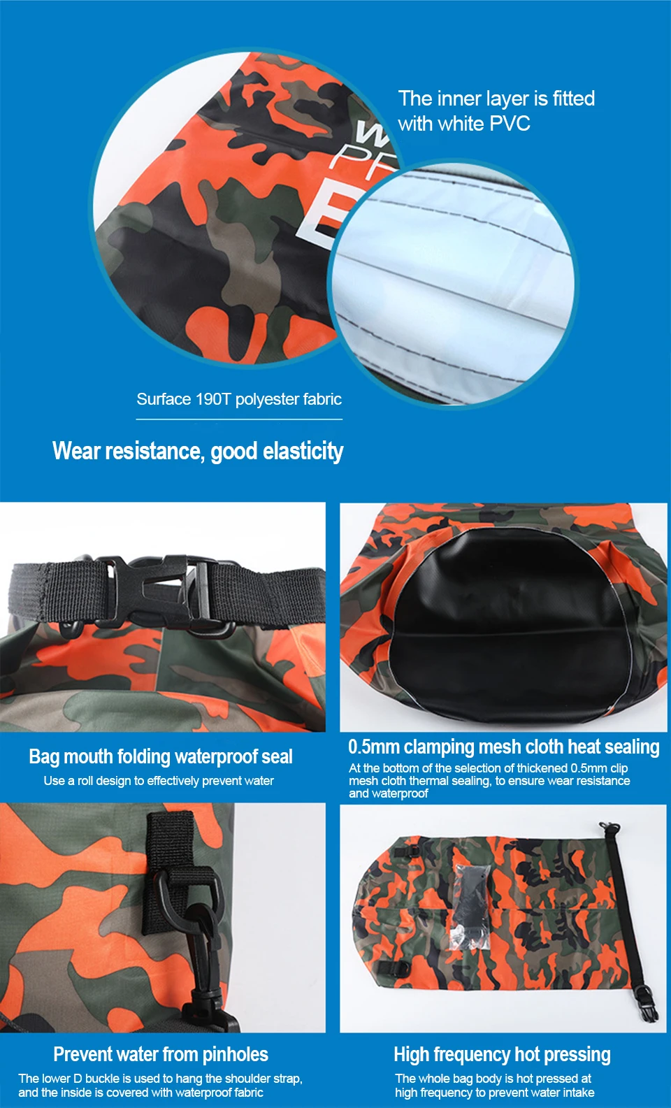 2/5/10/15/30L Outdoor Camouflage Wasserdichte Trockentaschen Tragbare Rafting Tauchen Trockentasche Sack PVC Schwimmtaschen für Flusstrekking – Detail 9