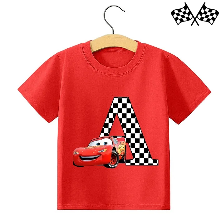 

Lightning McQueen Summer T-Shirt Cute Cartoon Clothes A-Z Letter Print Round Neck Boys Top Absorbent Short Sleeves Birthday Gift