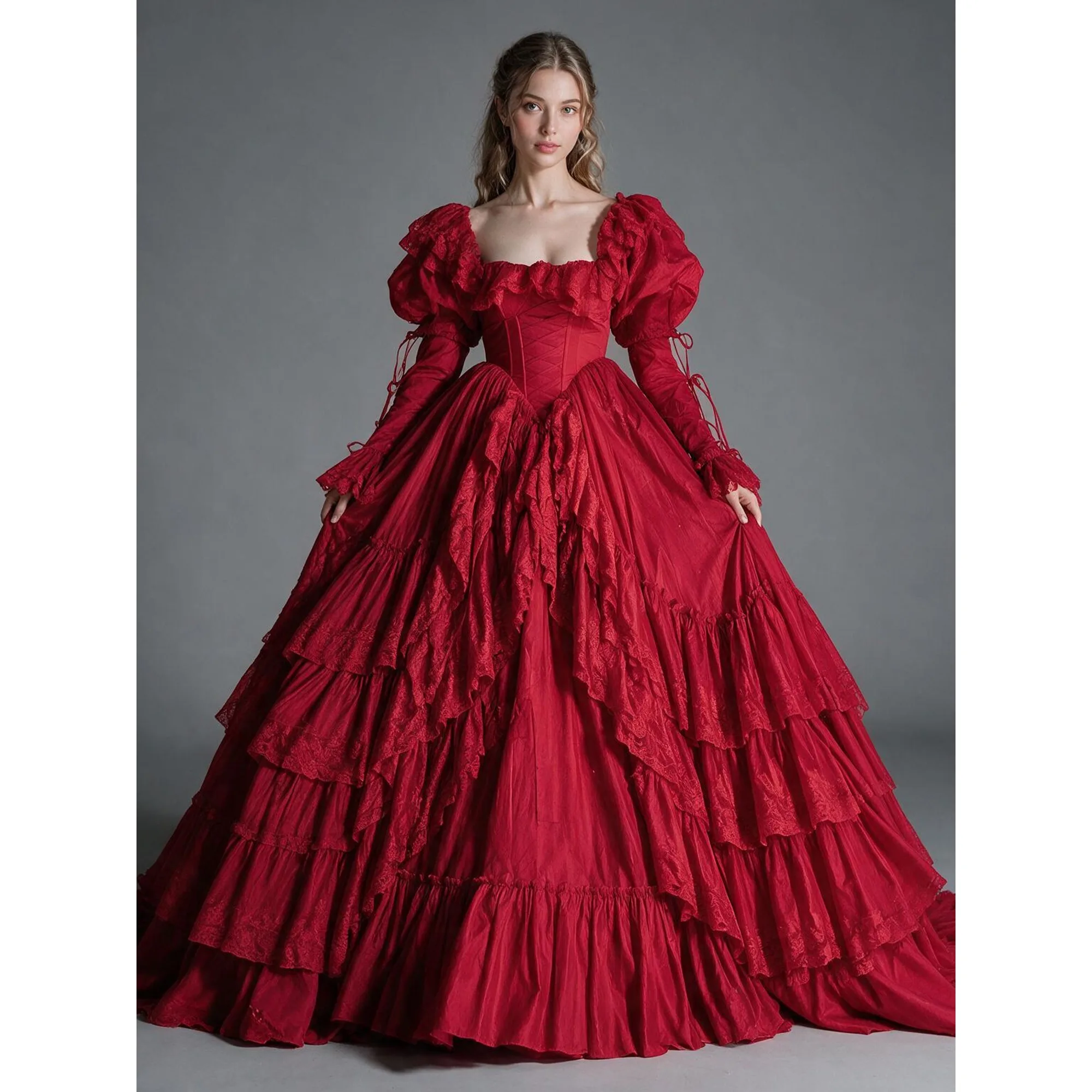 Red Victorian Ball Gown Square Neck Long Puff Sleeve Prom Dress  Corset Tiered Lace Ruffle Princess Gown YW2609298