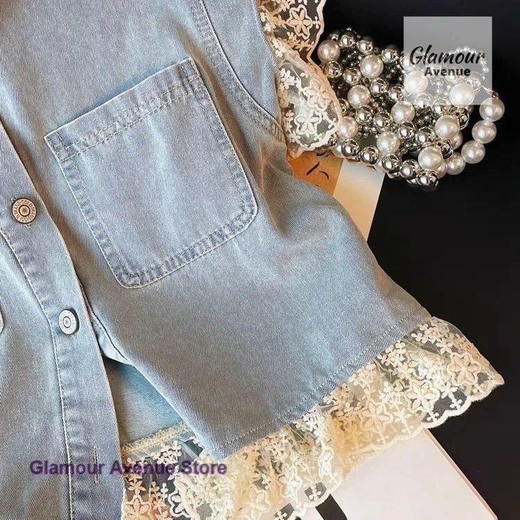 الفرنسية عالية الجودة الدانتيل خياطة قصيرة الدنيم سترة المرأة الصيف موضة جديدة فضفاضة البرية تحلق الأكمام معطف غير رسمي بسيط. #3