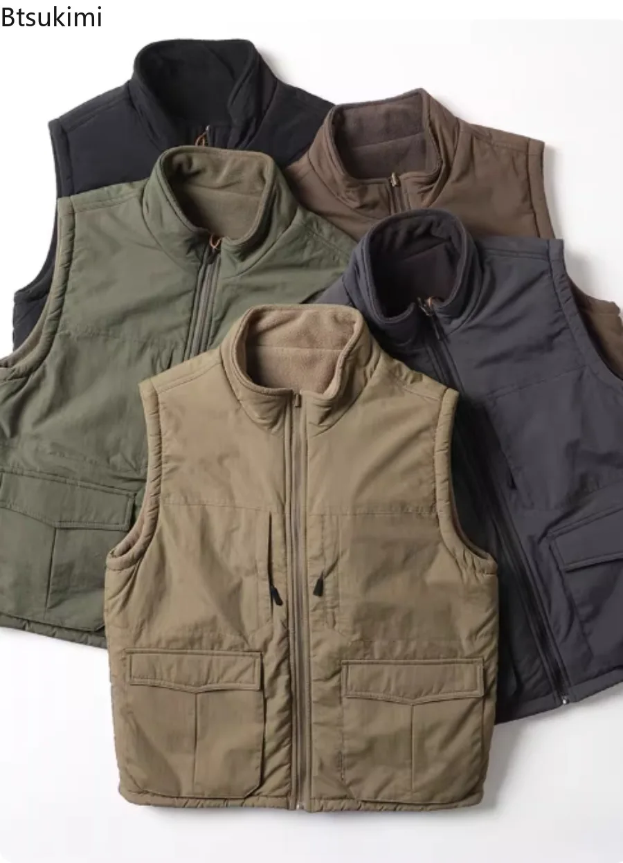 New Fashion Reversible Sleeveless Jacket Men Vest Coat Winter Waistcoat Thick Warm Fleece Workwear Tops Cargo Vest Windbreaker