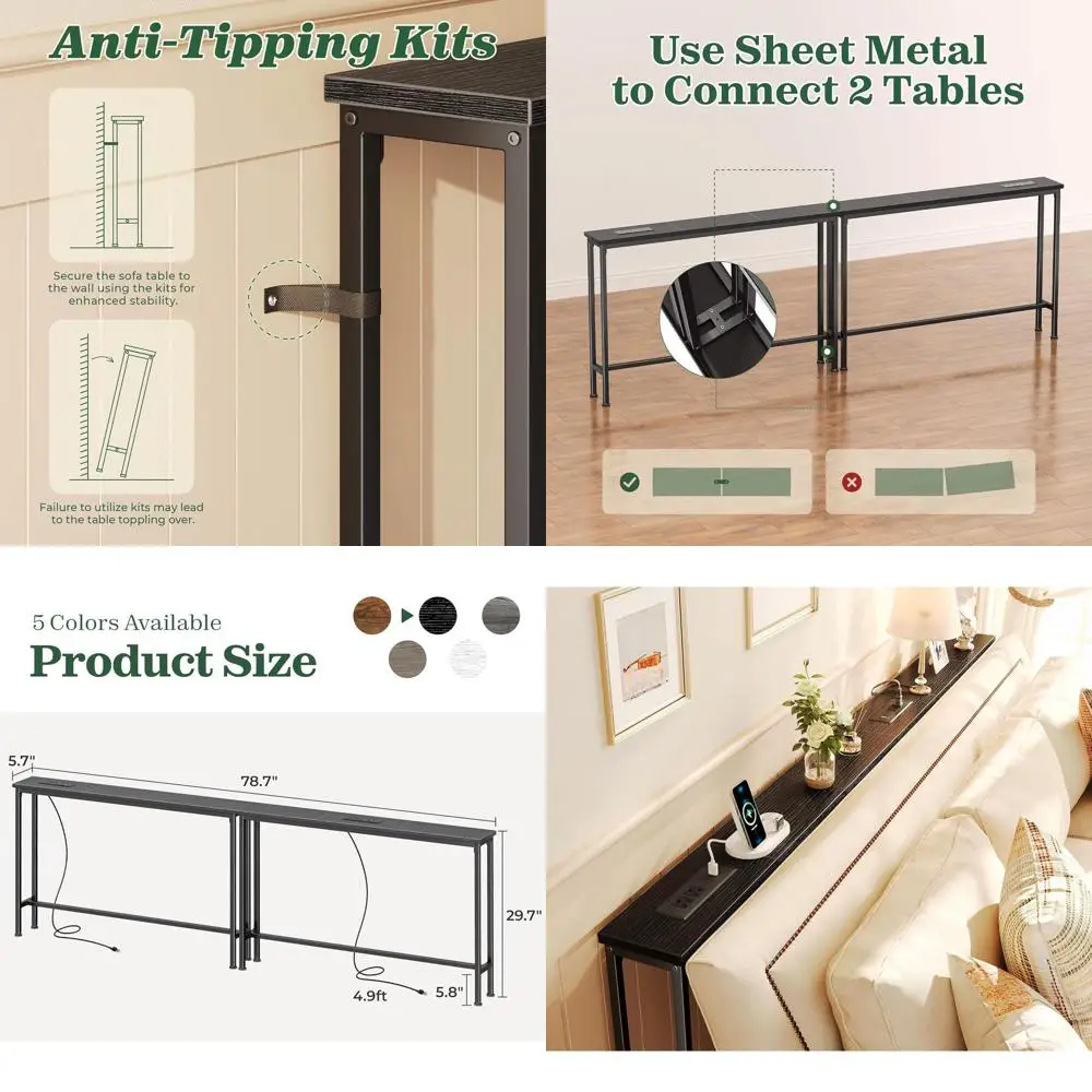 

Dual 78.8 Black Console Tables with Outlets and Charging Stations, Sofa Table Set for Living Room, Behind Couch Entryway