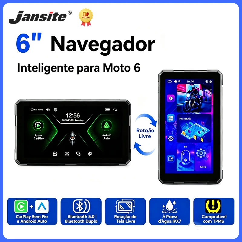 Jansite Portable 6 inch Motorcycle GPS Navigation BT5.0 Wireless Carplay Android Auto Moto Dashboard Monitor Screen Rotation