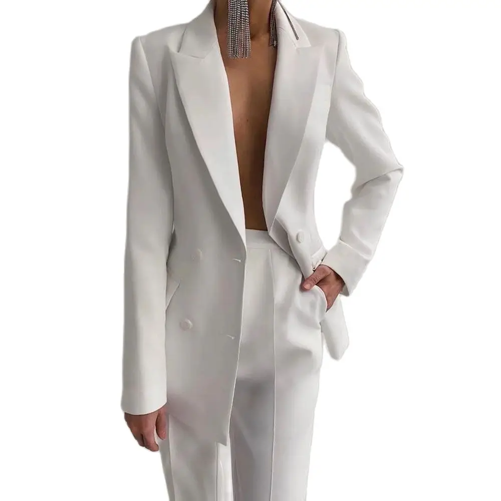 

Spring Autumn Women's Suit Fashion Casual Tailleur Femme 2 Piece Double Breasted Jacket with Pants Formal Work Office