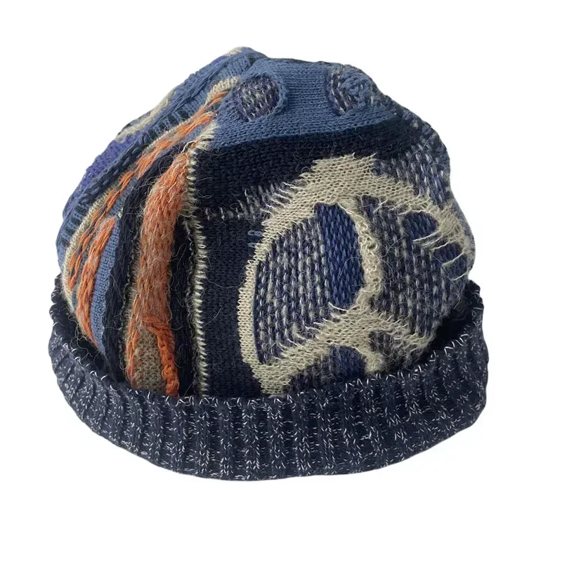 Non Kapital Japan Handmade Men's Knitted Wool Blended Hats Retro Stitching Geometric Color Block Adjustable Warm Hat