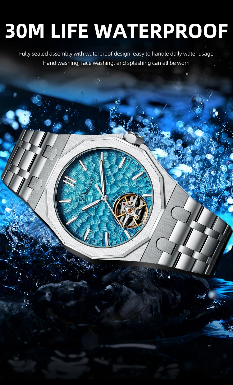 Automatische mechanische Herrenuhr mit orangefarbenem Zifferblatt, Skelett-Tourbillon, achteckige Armbanduhr aus Edelstahl, luxuriöse wasserdichte Uhr – Detail 17
