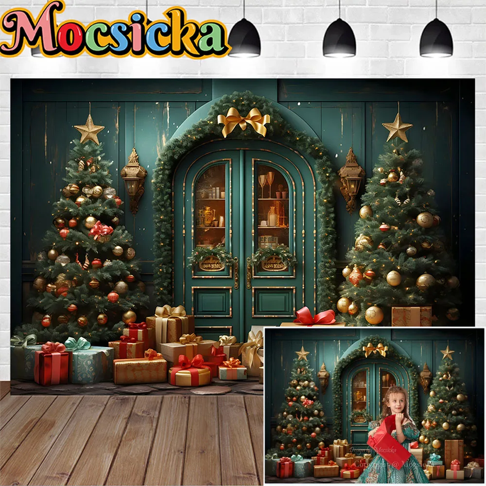 Mocsicka Winter Christma Store Backdrop for Studio Photography Xmas Tree Shop Glitter Stars Gifts Backdrop Green Decor Wallpaper