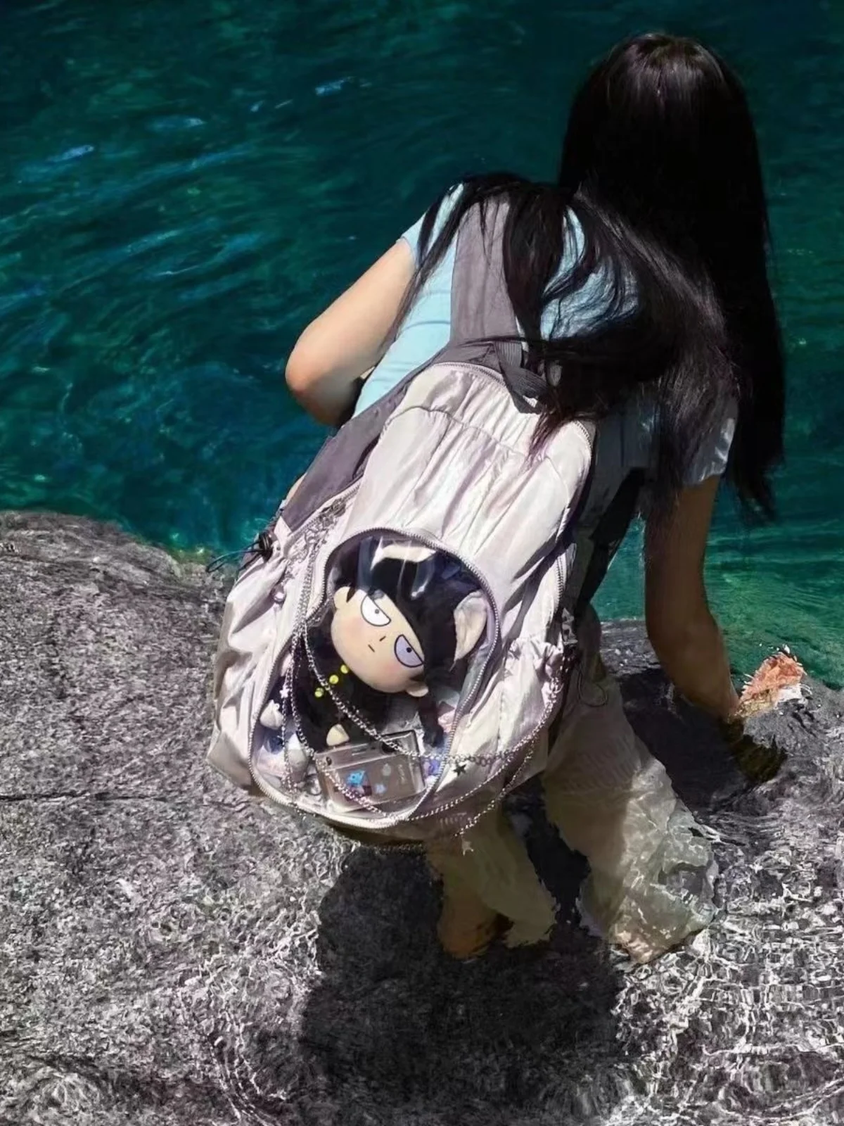 

Large Capaci Casual Travel Student Guava Bapa Barbecue Transparent Bookbag Double oulder Bag Soft Polyester Material