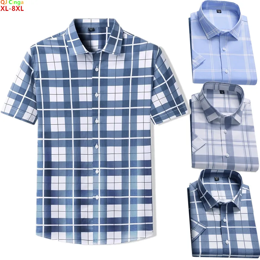 2026 New Men's Blue Plaid Short-sleeved Shirt, Loose-fitting Slightly Stretchy Shirts, Large-sized Shirt for Overweight Men