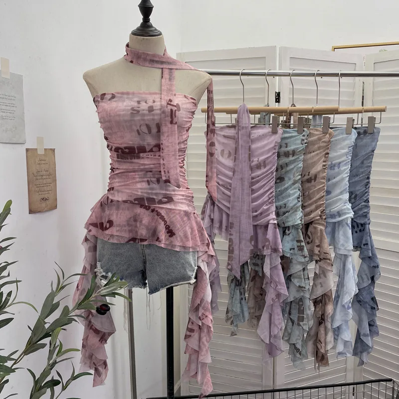 High Quality Hot Selling Wholesale Summer New Sexy Spicy Girl Irregular Ruffle Edge Ribbon Top Mesh Printed Strapless Vest Women