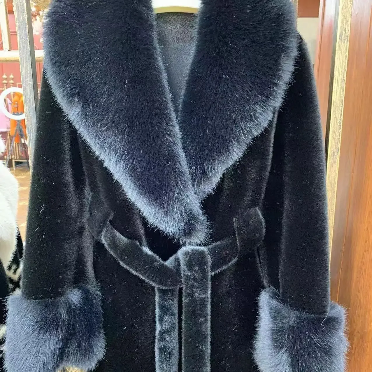 2024 new large fur collar mid-length slim-fit coat mink imitation fox fur plush coat high-end fashion version