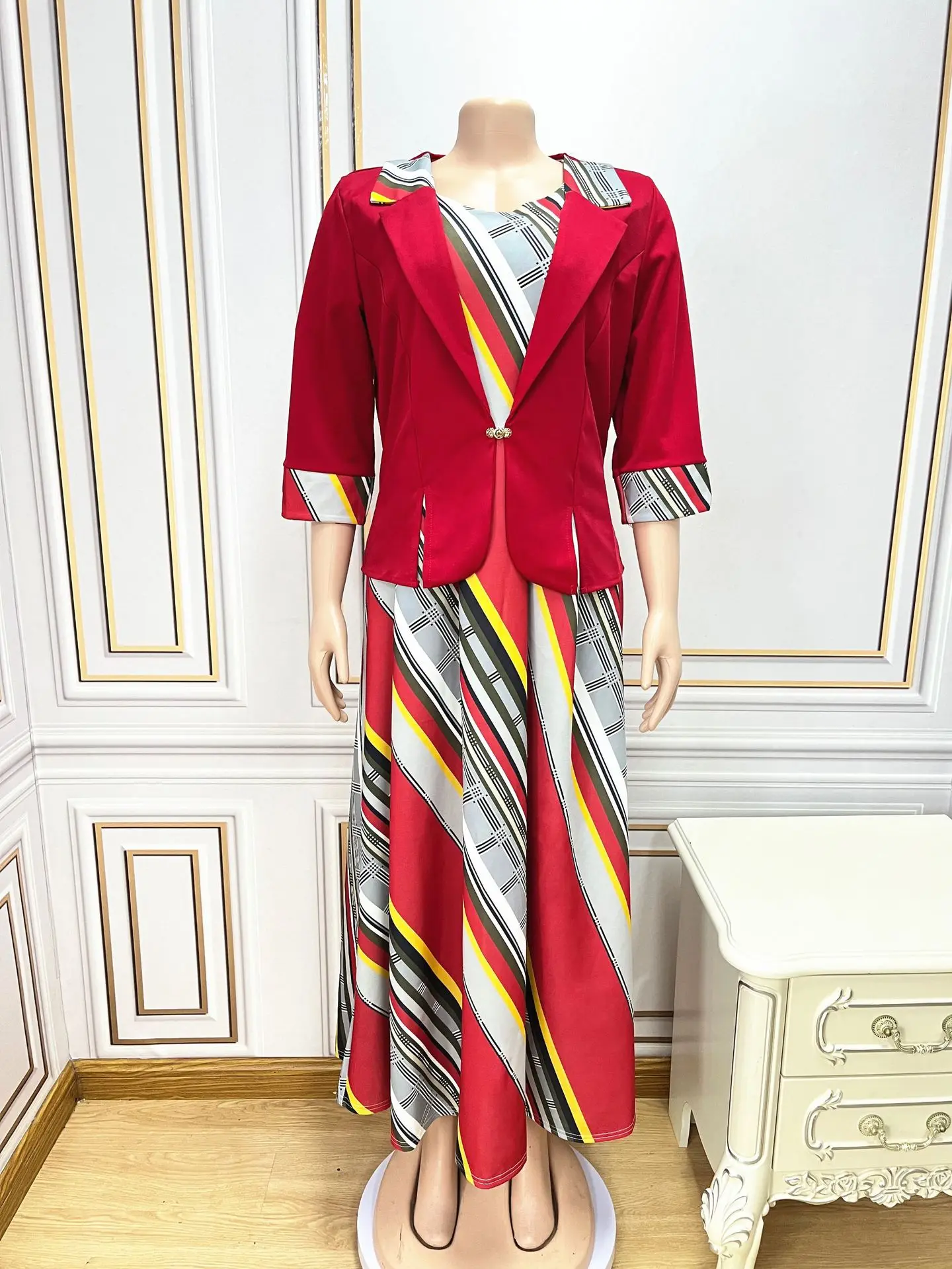 XL-4XL African Dresses for Women Summer African Half Sleeve Polyester Long Dress with Coat Dashiki Office Lady African Clothes