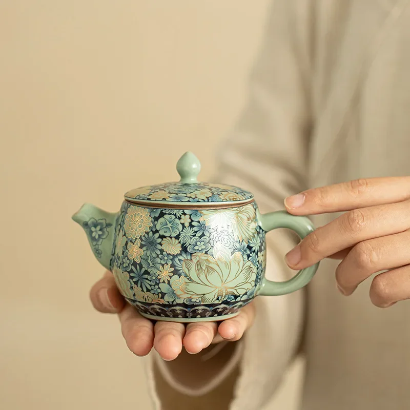 1pc Jingdezhen-Glazed Roast Flower Teapot, Ru Ware, Teapot Wanhua Gilding Peony Hanwa Pot, Kung Fu Tea Set, Home Tea Brewing Cup