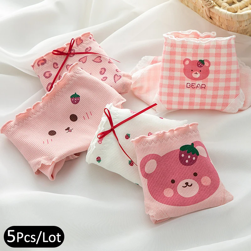 5Pcs/Lot Bear Cartoon Print Panties for Women Sexy Underwear Cotton Seamless Lingeries Briefs Girls Cute Soft Underpant Ladies