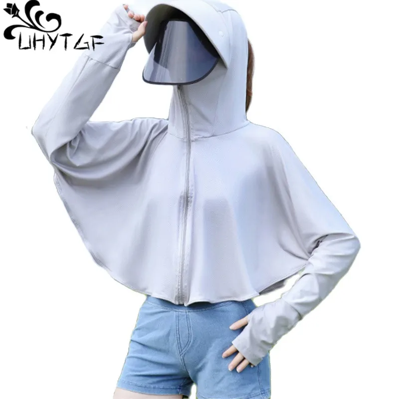 

UHYTGF Outdoor Summer Sun Protection Clothes Jacket Women's Hooded UV-Proof Breathable Ice Silk Coat Female Loose Thin Tops 2150