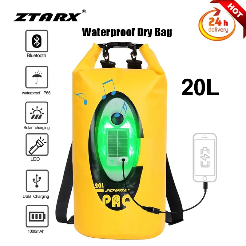 ZTARX 20L Waterproof Dry Bag 2.0 with Solar Bluetooth Speaker & Light Backpack for Men Women Outdoor Fishing Hiking Floating