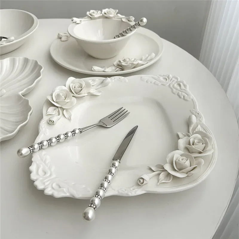 European Style Relief Hand-kneading Flowers Ceramic Bowl Plate Cup Tableware Exquisite Afternoon Tea Ceramic Tableware