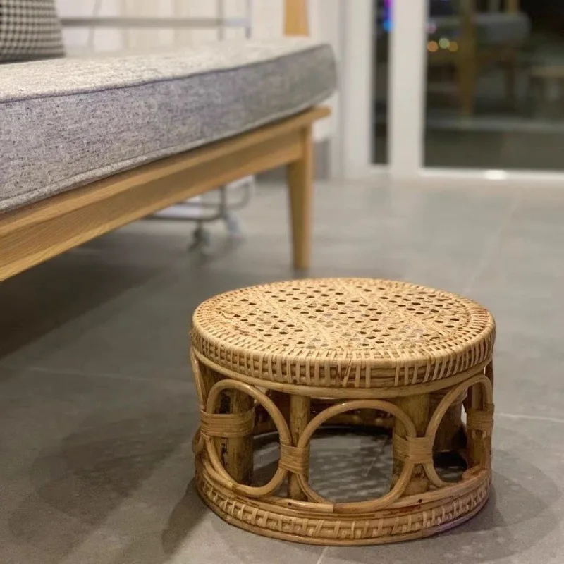 Handmade Rattan  Leisure  Stool Small  Furniture Myanmar Low Bench Woven Round  Children's Shoe Changing Footstools