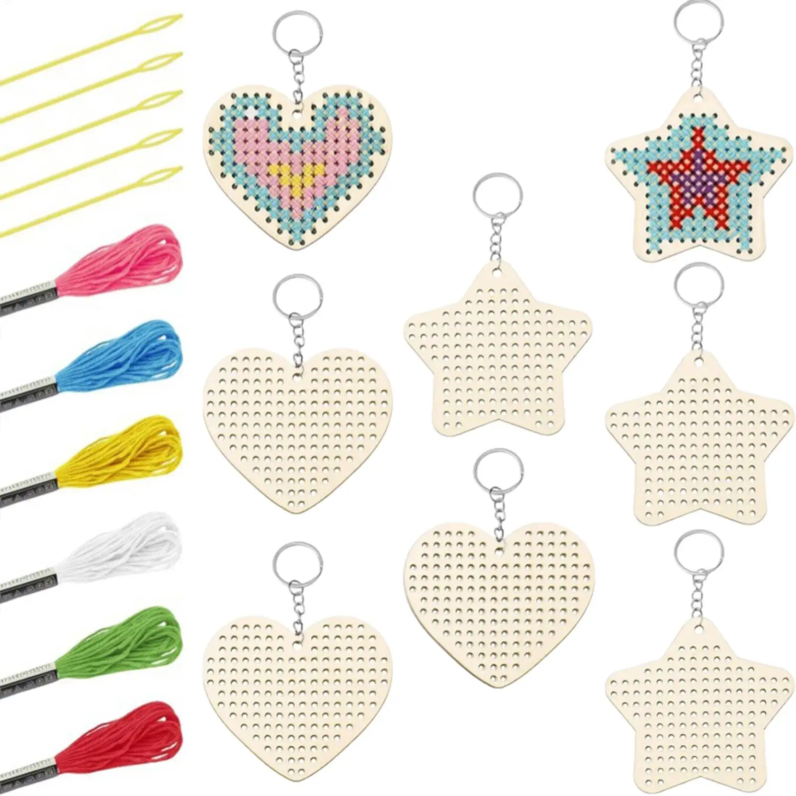 

Embroidery Set with Key Ring Kits, DIY Star Heart Wooden Keyring for Beginners and Children, Home Christmas Decorations Gifts