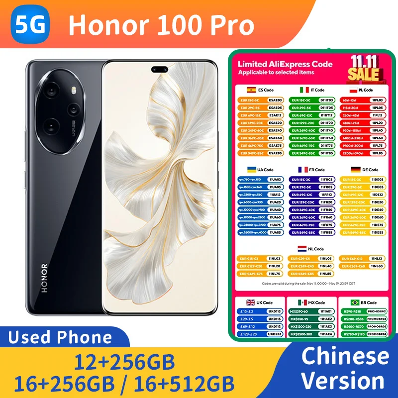 Honor 100 Pro 5g 6.78 بوصة 120 هرتز OLED عرض وحدة المعالجة المركزية Snapdragon8 Gen2 NFC شحن لاسلكي عكسي هاتف مستعمل