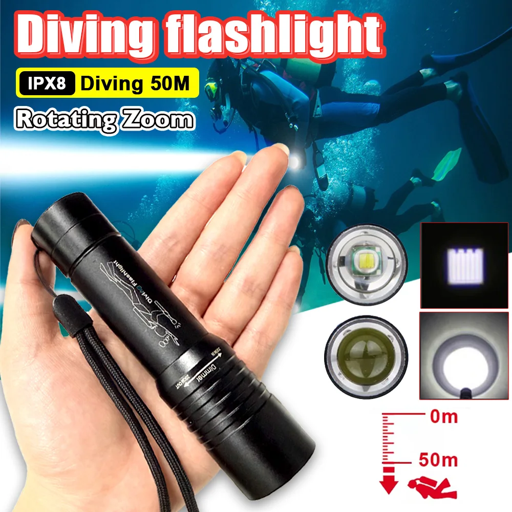 Zoomable Diving Flashlight IPX8 Waterproof Dive Lights Flashlight Portable 50M Underwater Diving Torch Hunting Lantern Fishing