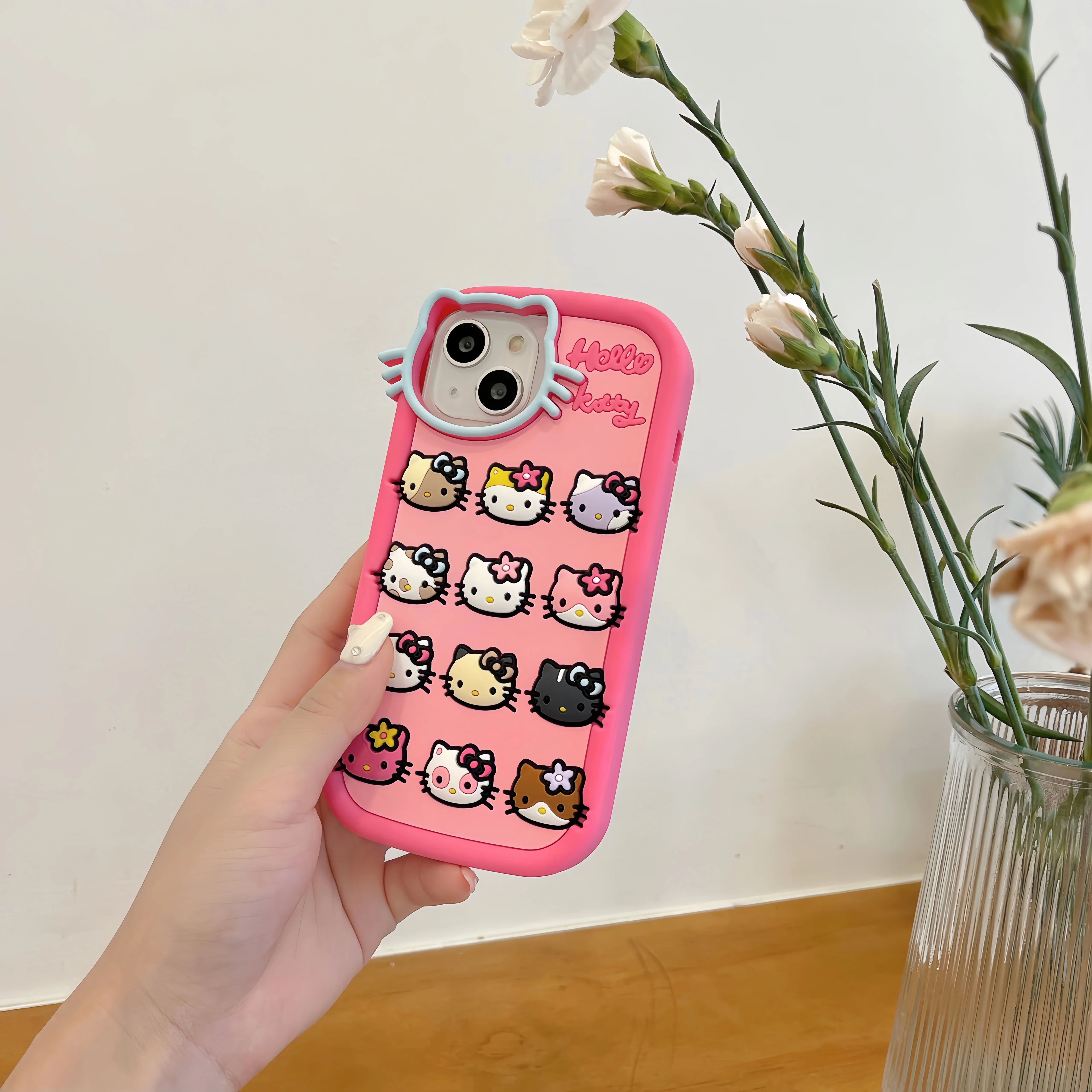 Sanrio Hello Kitty Cat 3D Stereoscopic Phone Cases For iPhone 14 Pro 13 12 11 Pro Max Cute Cartoon Soft Silicone Pink Back Cover