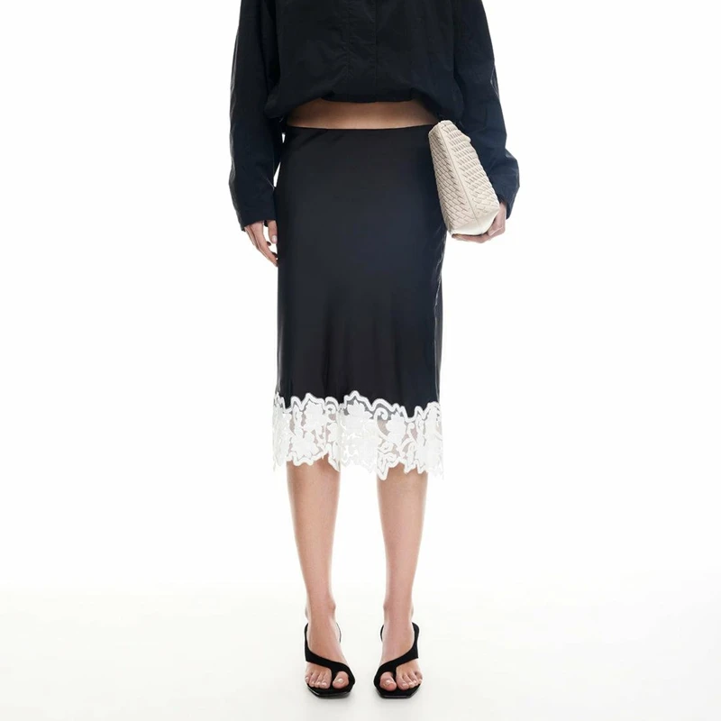 Combhasaki Womens Elegant Chic Sheer Floral Lace Trimmed Patchwork Satin Silky Midi Skirts Zipper High Rise Slim Y2k Underskirts