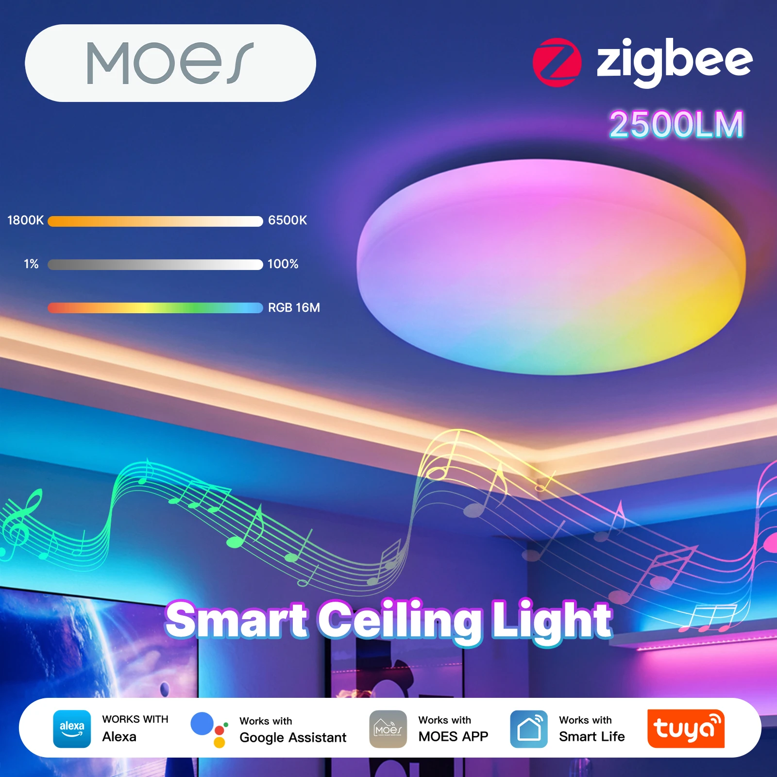 MOES Zigbee Smart Ceiling Light 22.5W RGBCW Dimmable LED Lamp Music Sync Voice Control Work with Tuya Alexa Google Home