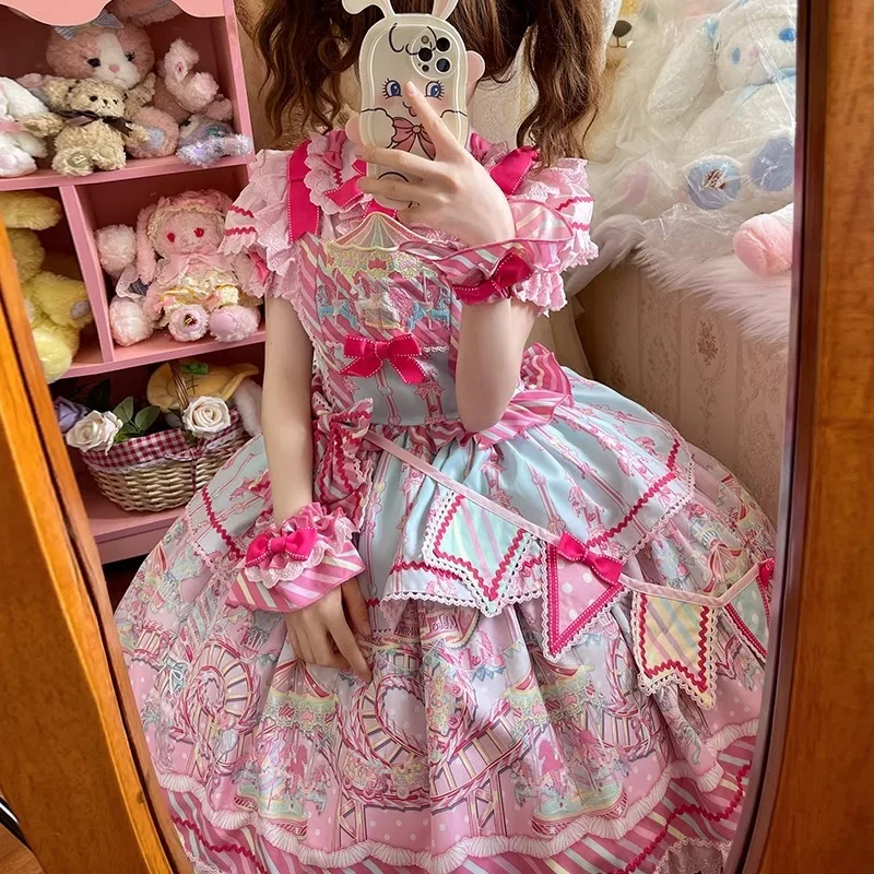 

JSK Sweet Lolita Dress Cute Kawaii Bow Cartoon Printed Princess Dresses Short-sleeved Shirt KC Accessories Sets for Women Outfit