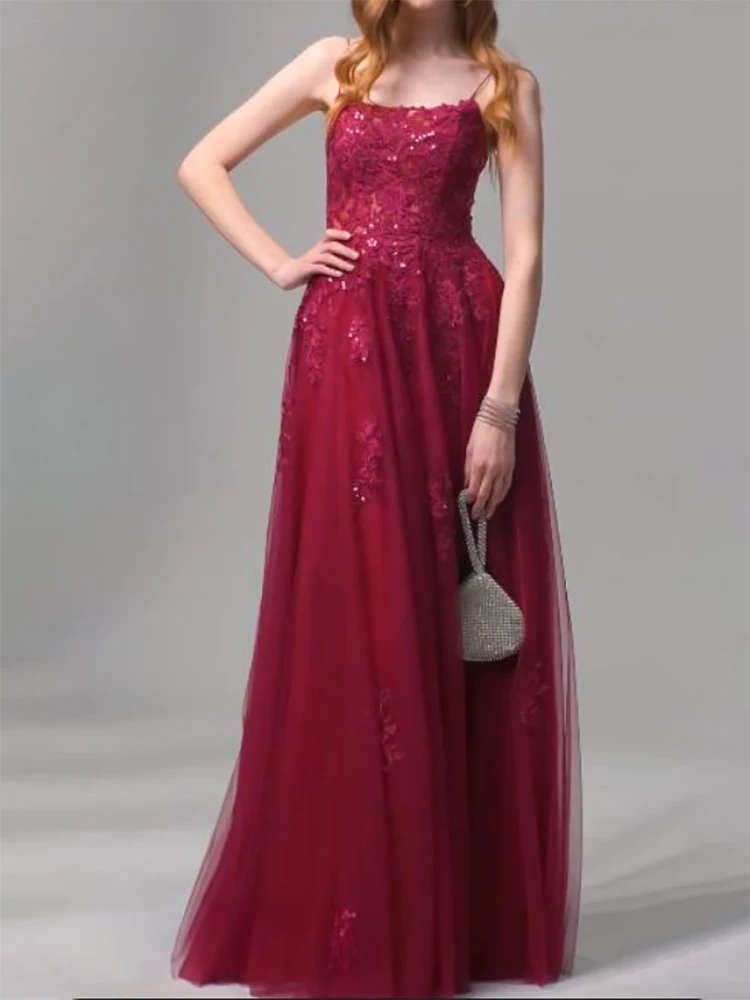 A 라인 스퀘어 넥 얇은 명주 그물 레이스 바닥 길이 스팽글 무도회 가운, 공식 이브닝 드레스, 맞춤형