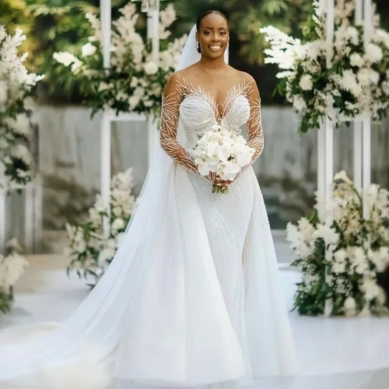 

2025 Arabic Aso Ebi Mermaid Wedding Dress Sheer Neck Beaded Sequined Lace Sexy Stunning Bridal Gowns Dresses Vestido De Noiva