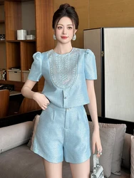 New Fashion Summer Casual Sweet 2 Piece Outfit Women Clothes Puff Sleeve Short Tops Shirt Blouse And High Waist Shorts Mujer Set
