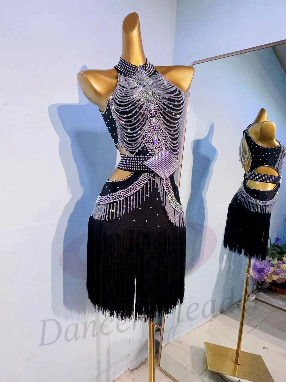 Traje de dança latina ab pedra feminino adulto crianças high-end personalizado volta pérola corrente preto piscina samba vestido