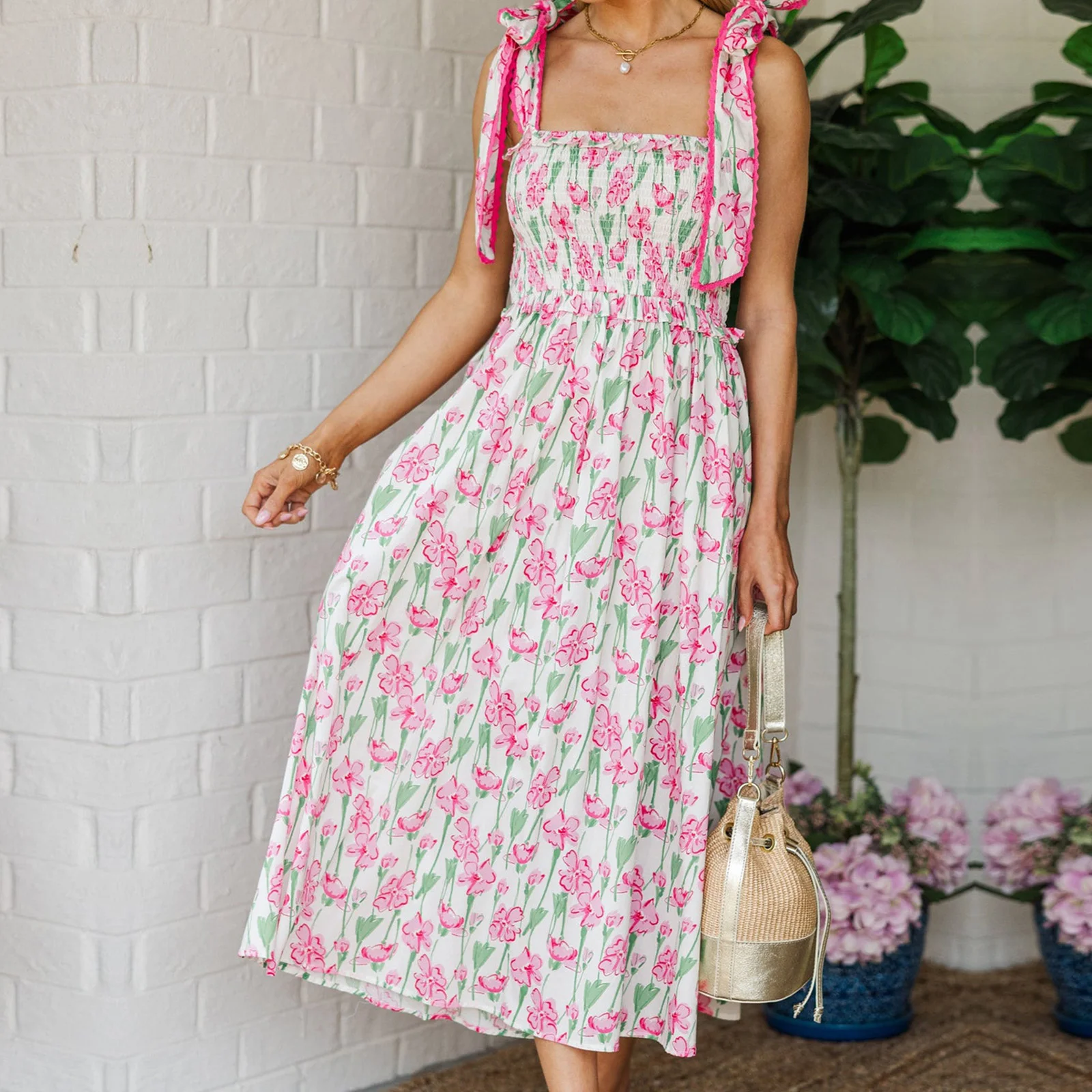 Abito estivo da donna Fairycore Grunge con cravatta floreale con spalle scoperte, collo quadrato smock, senza maniche, senza schienale, abito midi a trapezio