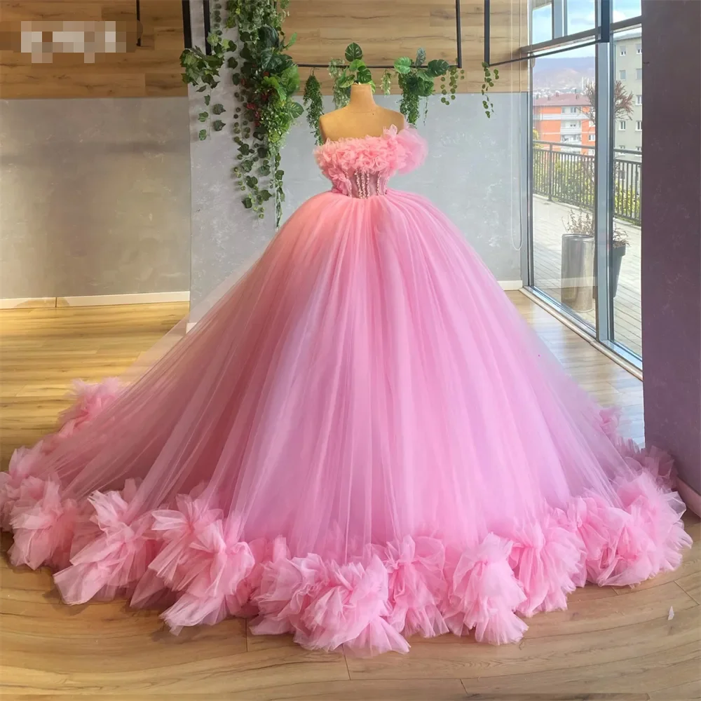 Baby Pink Tulle Formal Prom Dresses Off The Shoulder A Line Backless Evening Dress Ruched Flowers Pageant Wedding Party Gowns