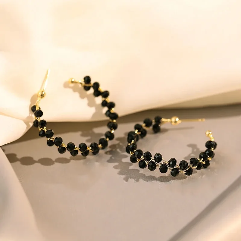 2023 Fashion Double-layer Black Crystal Woven Hoop Earrings South Korea Simple Accessories Party For Women\'s Luxury Jewelry