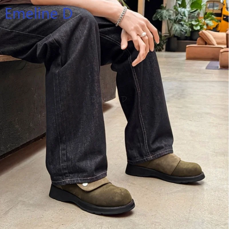 Army Green Suede Round Toe Slip On Loafers Metal Button Strap Low Block Heel Comfortable Casual Daily Work Outdoor Men Footwear