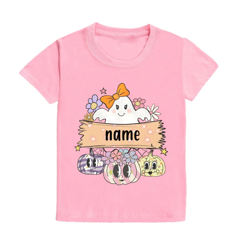 Custom Name Ghost&Pumpkin Print Kid T-shirt Casual Short Sleeve Child Tee Tops Personalized Halloween Party Childs Clothes