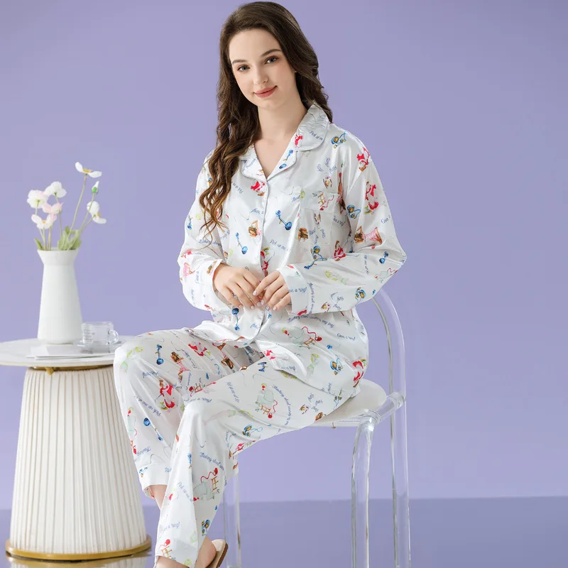 Conjunto de Pijama de satén de seda sintética para Mujer, ropa de dormir de manga larga con estampado de bolsillo, primavera y otoño, 2 piezas