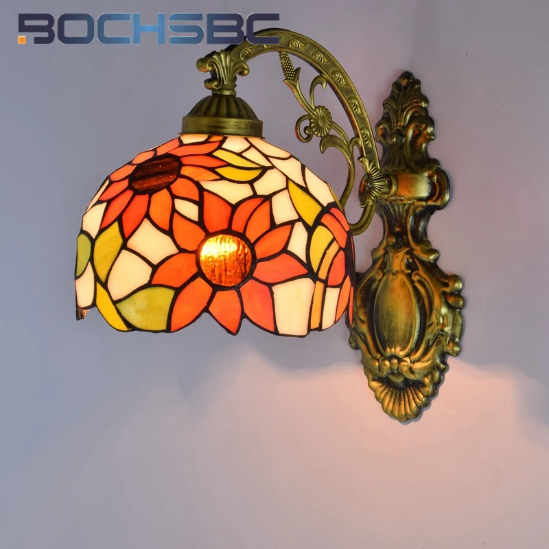 BOCHSBC Tiffany style stained glass mirror front sunflower wall lamp for dining room bedroom bed wall lamp corridor LED decor