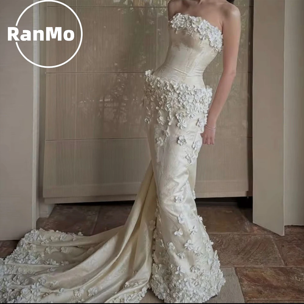 

Ranmo Elegant Strapless Appliquins Floral Sleeveless Detachable Mermaid Flowers Bride Wedding Dresses Bridal Gowns Customized