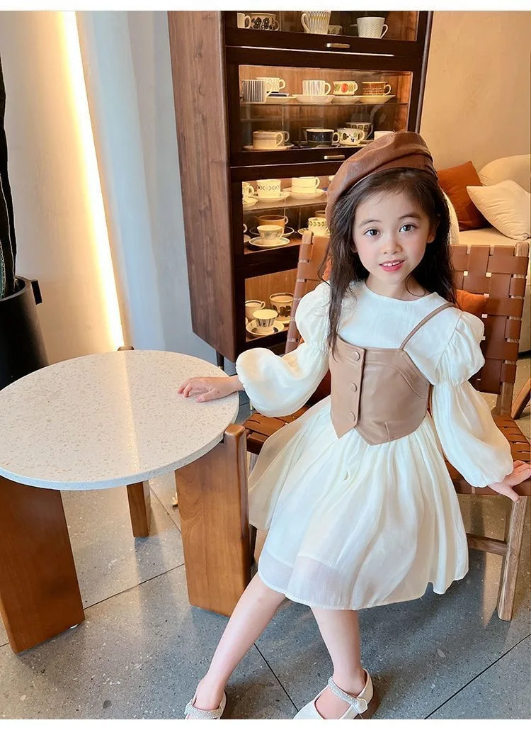 Frühling Herbst Mädchen Kleid Set Langarm Kinder Retro Pu Leder Weste Kleid Set Teenager-Mädchen Kleidung Anzug 4 6 8 12y – Detail 15