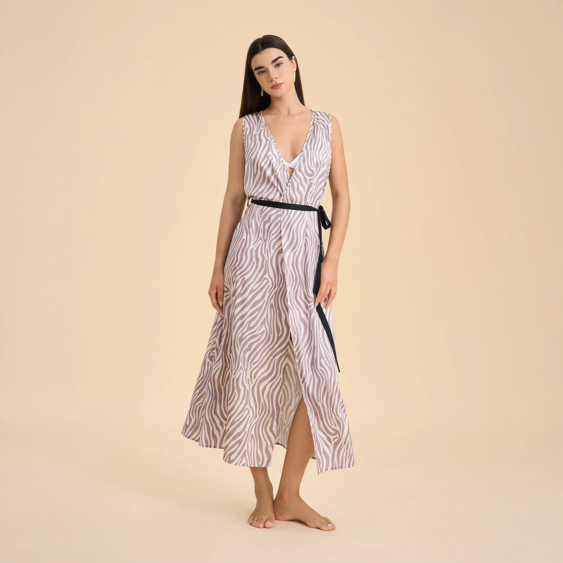 

Sexy Satin Chiffon Home Comfortable Nightgown with Gray Stripe Zebra Print V-neck Suspender Long Skirt