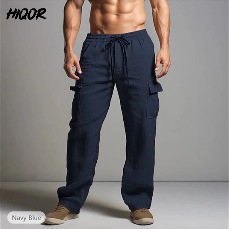 Gradual Hiqor New Man Cotton Linen Casual Pants Elastic Waist Straight Solid