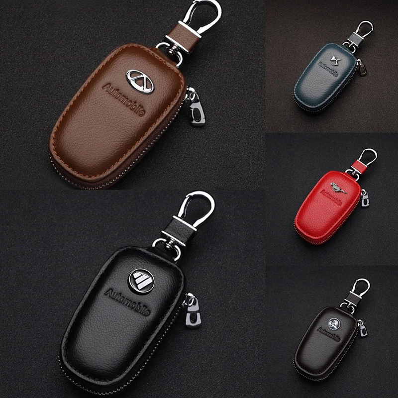 Leather Car Key Case Cover Zipper Bag Protector With Car Logo For BYD Hummer DS Genesis GAC Lynk Co Ferrari RAM Smart LI ZEEKR