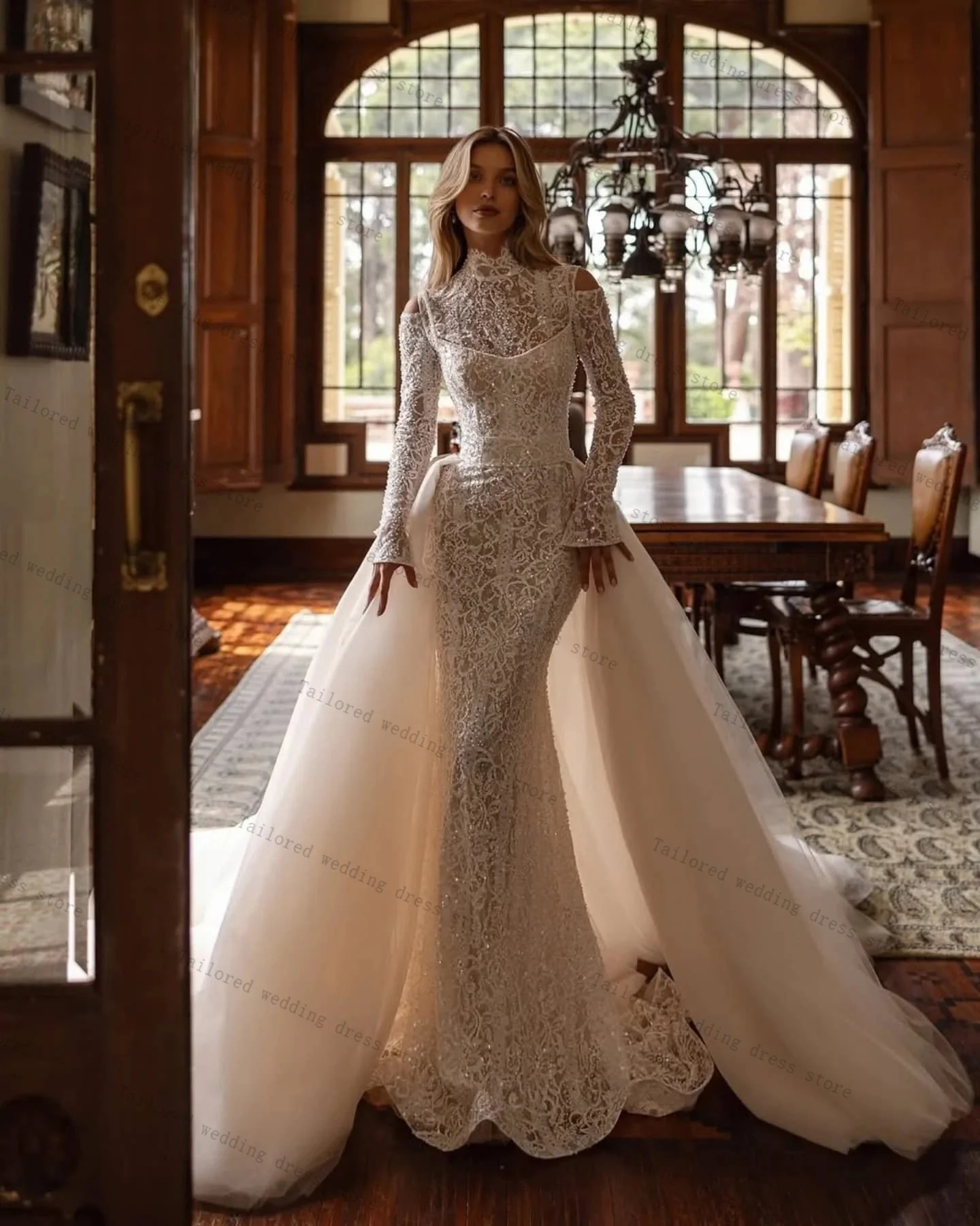 Luxury Crystals Stone Women Wedding Dresses Detachable Train Sexy Full Sleeves Bridal Evening Gown Customized Lace Up Back Robe