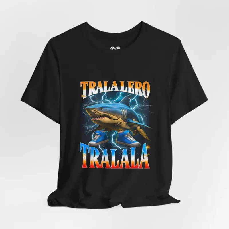 

"TRALALERO" Street Shark Tee, Sneaker-Wearing Shark with Lightning Bolts, Bold Gradient Graphic Shirt for Urban Fashionable