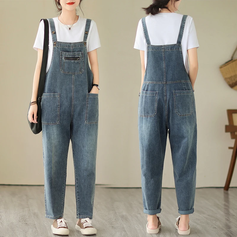 

Women's Denim Overalls Spring Summer New Arrival Loose Fit American Workwear Big ket Harem Pants High Waist Blue Jeans