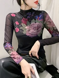 Size S-4XL High Neck Long Sleeve Mesh Positioning Printing T-shirt Lady Fairy Floral Tee Women Light Fabric Stretch Slim Top