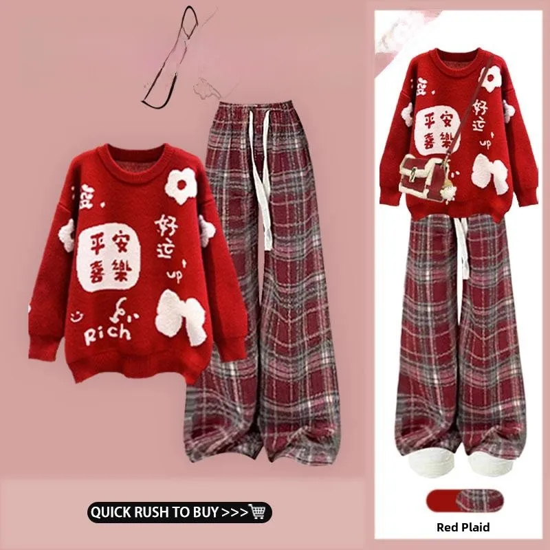 

Red Knitted Sweater High Waist Loose Women's Autumn Winter New Sle Cheered Wide Leg Pants Set Faionable Two-Piece Suit
